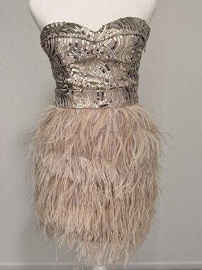 Bebe "Isis" Silver Speakeasy Strapless Sequin & Feather Champagne Cocktail Dress